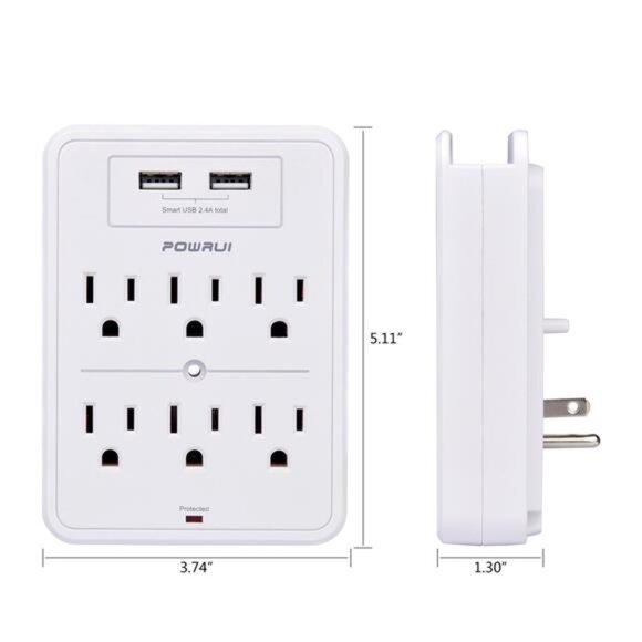 Surge Protector, USB Wall Charger with 2 USB Charging Ports(Smart 2.4A Total) - Picture 7 of 8